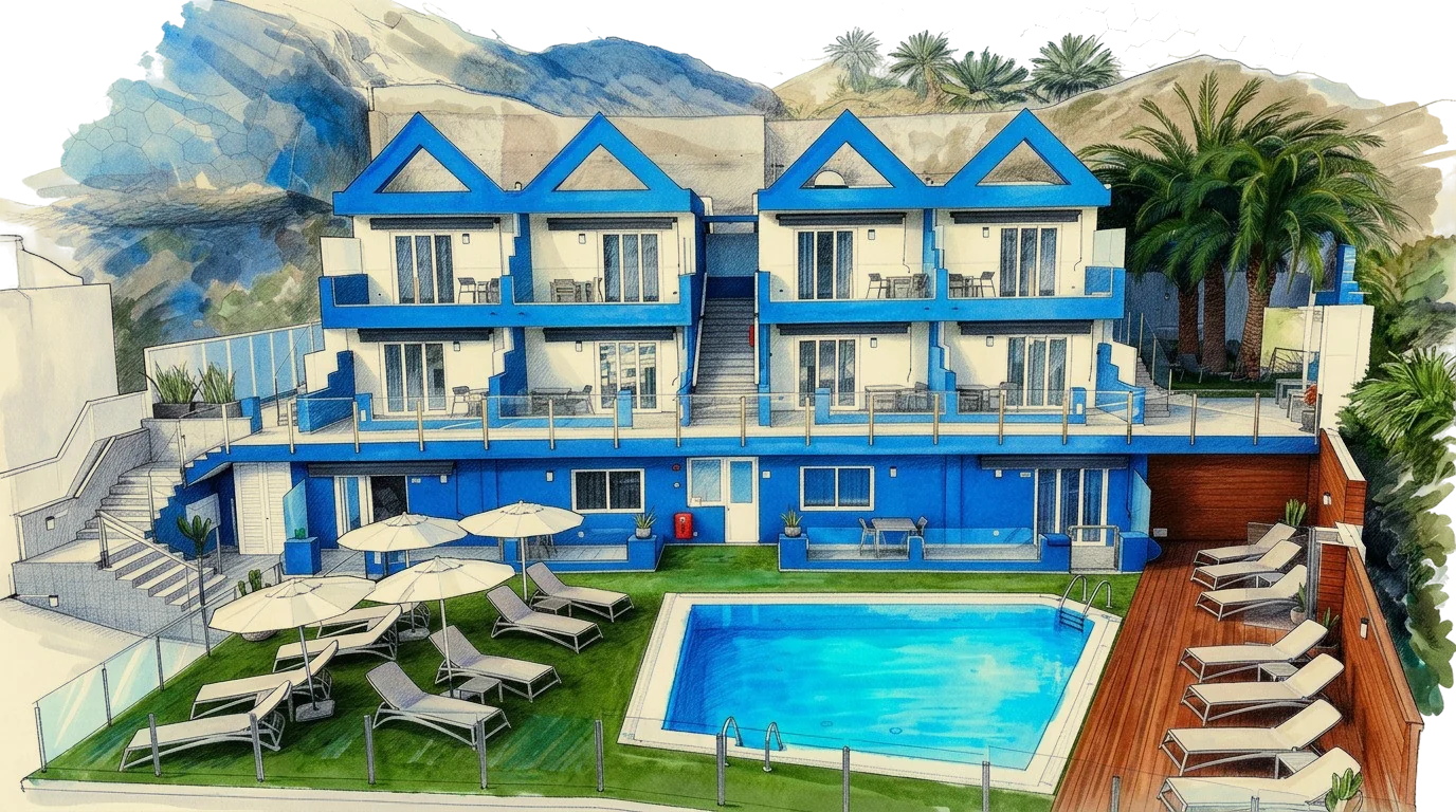 Watercolour painting of The Hive, its blue gables and the pool